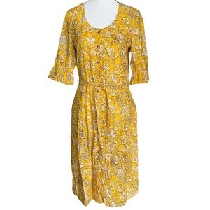 Leon Harper Yellow Floral Button Front Midi Dress Small Cotton Blend 1/2 Sleeves